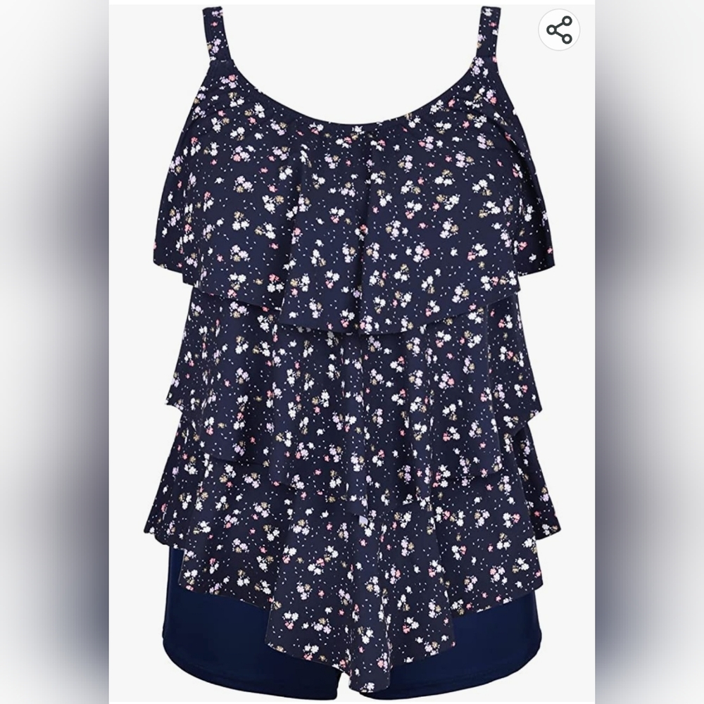 Tankini top by Septangle, ruffled, layered, navy floral from Amazon size 14